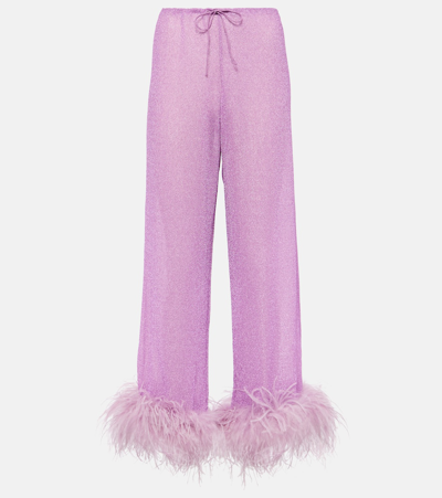 Oseree 'lumière Plumage' Violet Pants With Feathers And Drawstring In Polyamide Blend Woman In Pink