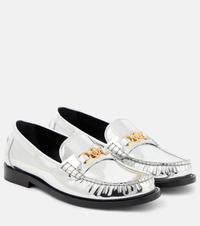 Versace Chain Detail Loafers With Metallic Finish In Silver