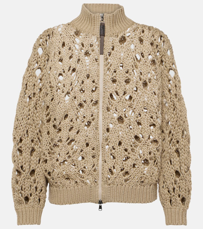 Brunello Cucinelli Beige Open Knit Cardigan With Zip Fastening In Cotton Woman