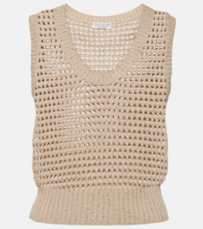 Brunello Cucinelli Open-knit Cotton-blend Vest In Camel Chiaro