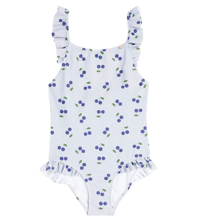 Bonpoint Kids' Acapulco Printed Ruffled Swimsuit In Blue