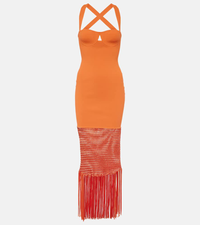 Galvan Fringed Midi Dress In Coral