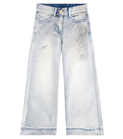 Monnalisa Kids' Crystal-embellished Wide-leg Jeans In Stone Bleach