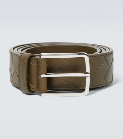 Bottega Veneta Intrecciato Leather Belt In Mustard-silver