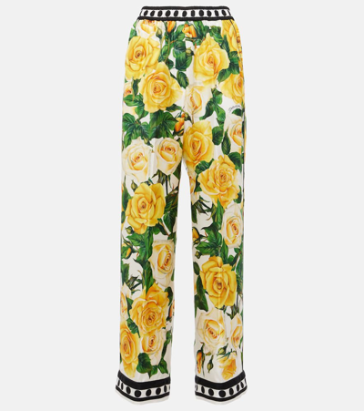 Dolce & Gabbana Yellow Rose Silk Pyjama Bottoms In Green