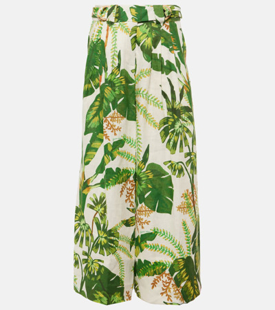 Farm Rio Floral High-rise Linen Wide-leg Pants In Tropical Forest Off-white