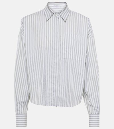 Brunello Cucinelli Oversized Embellished Striped Cotton-gauze Shirt In Ivory