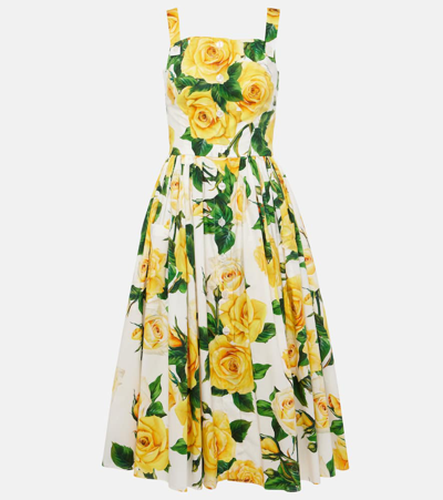 Dolce & Gabbana Flower Print Cotton Midi Dress In White