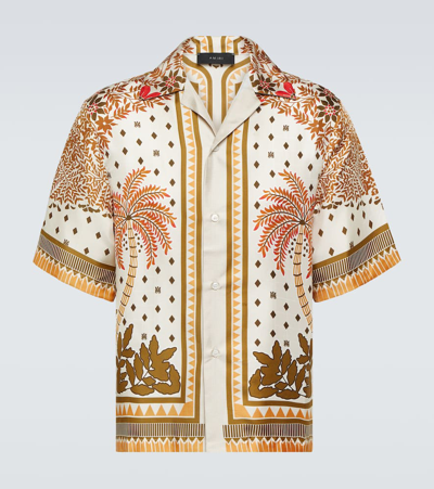 Amiri Printed Silk Bowling Shirt In Copper Brown