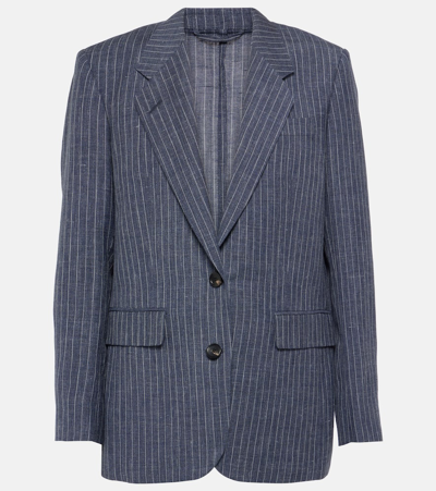 Loro Piana Belia Pinstripe Linen Flannel Blazer In Blue Still Water Pin 