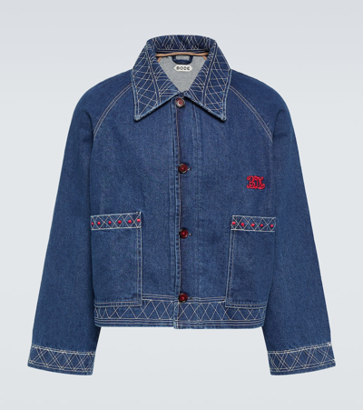 Bode Mens Indigo Embroidered Boxy Denim Jacket In Blue