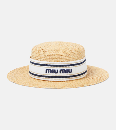Miu Miu Logo Raffia Boater Hat In Yellow