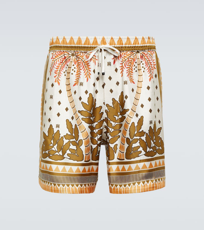 Amiri Printed Silk Shorts In Copper Brown