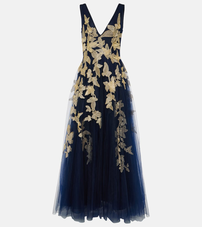 Costarellos Arcangela Appliqué Tulle Gown In Blue Marine With Gold Appl