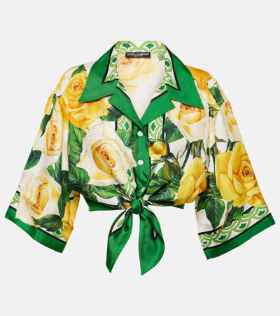 Dolce & Gabbana Rose-print Cropped Silk Shirt In Green