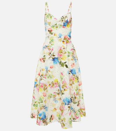 Monique Lhuillier Floral Bustier Midi Dress In Silk White/multi