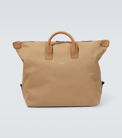 Zegna Raglan Leather-trimmed Duffel Bag In Brown