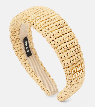 Miu Miu Logo Woven Headband In Beige