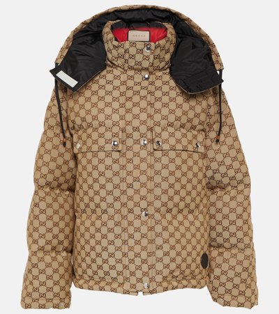 Gucci Detachable-hood Gg-canvas Down Jacket In Brown