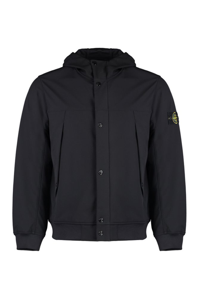 Stone Island Button Up Hooded Jacket In Black