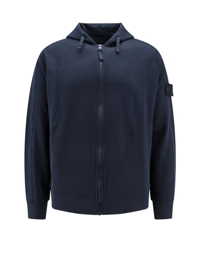 Stone Island Logo Patch Zipped Hoodie In Blue