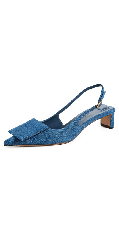 Jacquemus Block Heel Denim Texture Pointed Toe Slingback In Blue