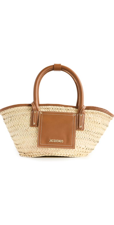 Jacquemus Le Petit Panier Soli Leather-trimmed Raffia Tote In Brown