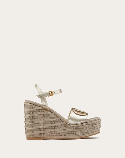 Valentino Garavani Vlogo Cut-out Wedge Sandal In Laminated Nappa Leather 110mm Woman Platinum/antiqu In Platinum/antique Brass/opal Grey