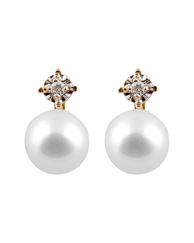 Splendid Pearls 14k .04ct. Tw. Diamond 7-7.5mm Freshwater Pearl Earrings In Gold