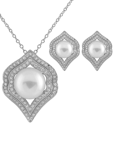 Splendid Pearls Rhodium Plated Silver 7-10.5mm Freshwater Pearl Drop Earrings & Necklace Set