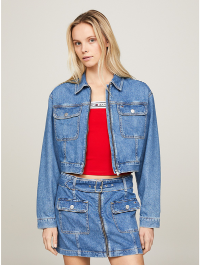 Tommy Hilfiger Cropped Zip Denim Jacket In Denim Medium