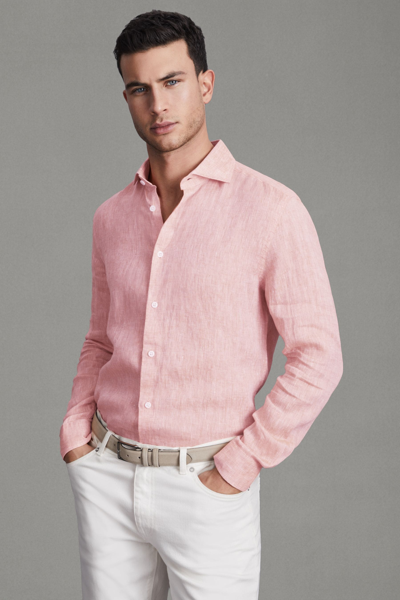 Reiss Ruban - Flamingo Linen Button-through Shirt, L