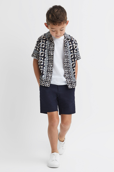 Reiss Prentice - Lapis Blue Junior Printed Cuban Collar Shirt, Age 8-9 Years