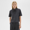 Theory Cropped Short-sleeve Shirt In Good Wool In Charcoal Melange