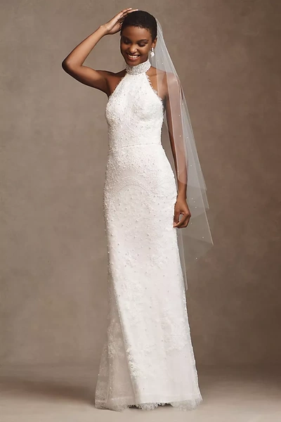 Watters Belle Scalloped Halter Wedding Gown In White