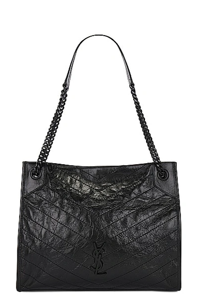 Saint Laurent Niki Medium Ysl Shopper Tote Bag In Crinkled Leather In Black