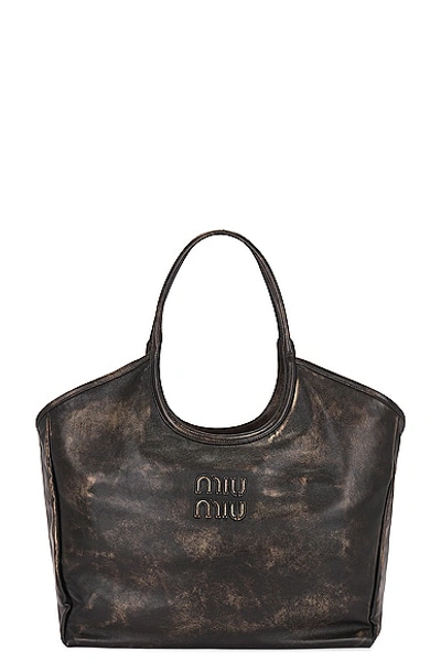 Miu Miu Leather Tote Bag In Sabbia & Caffe