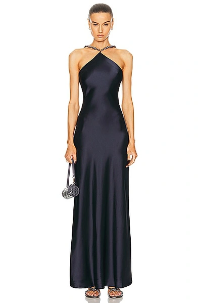 Staud Cadence Beaded Halter Satin Maxi Dress In Navy
