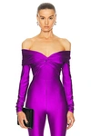 The Andamane Kendall Off The Shoulder Lycra Bodysuit In Purple