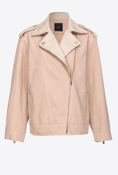 Pinko Leather-trim Cotton Biker Jacket In Beige-pelle Daino