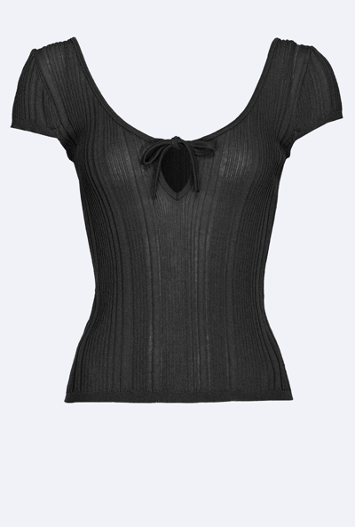 Pinko Ribbed Top With Fine Fringing In Limo Black