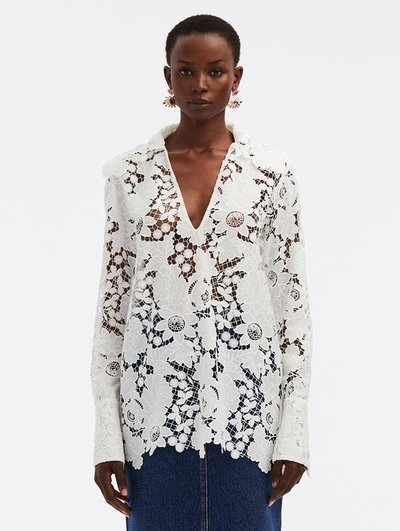 Oscar De La Renta Mixed Botanical Guipure Lace Blouse In White