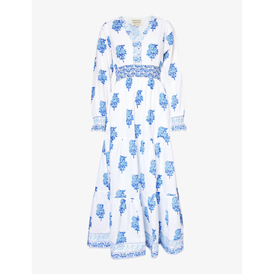 Aspiga Womens Daliya Buta Blue Billie V-neck Organic-cotton Midi Dress