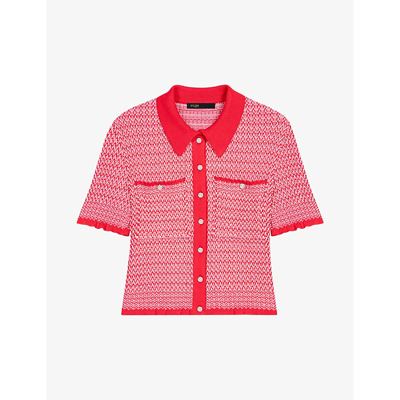 Maje Cropped Herringbone Polo Shirt For Spring/summer In Red