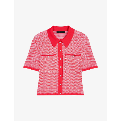Maje Womens Rouges Herringbone-weave Cropped Knitted Polo Shirt In Red