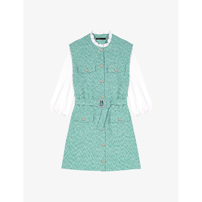 Maje Womens Verts Contrast-sleeve Belted-waist Tweed Cotton Mini Dress