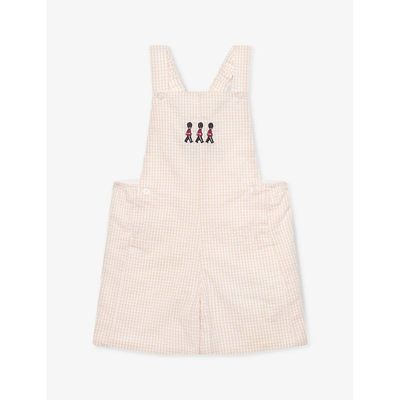 Trotters Girls Oatmeal Gingham Kids Alexander Embroidered Cotton Short Dungarees 3 Months-4 Years