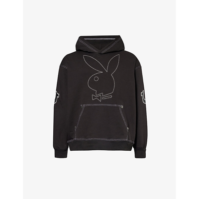 True Religion Mens Black X Playboy Branded Relaxed-fit Cotton-blend Hoody