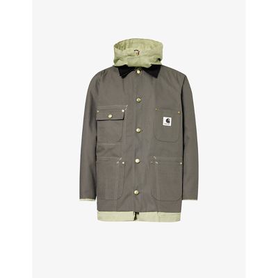Sacai Mens Gray Lgreen X Carhartt Wip Reversible Relaxed-fit Cotton-canvas Jacket
