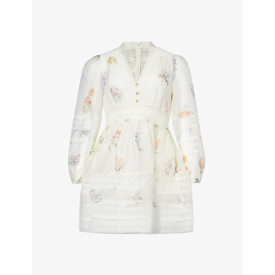 Zimmermann Womens Multi Botanical Ivory Lace Floral-print Linen And Silk-blend Mini Dress